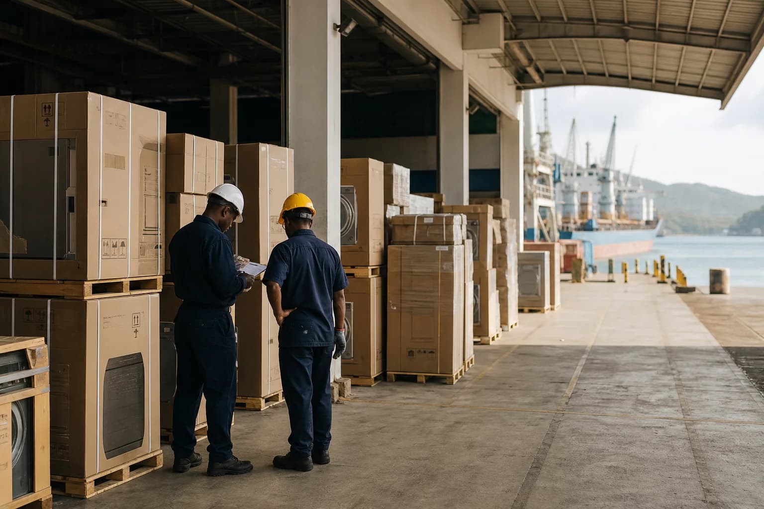 Appliance shipments being prepared at a Caribbean port warehouse